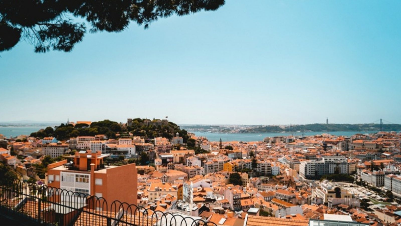 View over the red tiled rooftops of Lisbon, Portugal, towards the Tagus river from a viewpoint